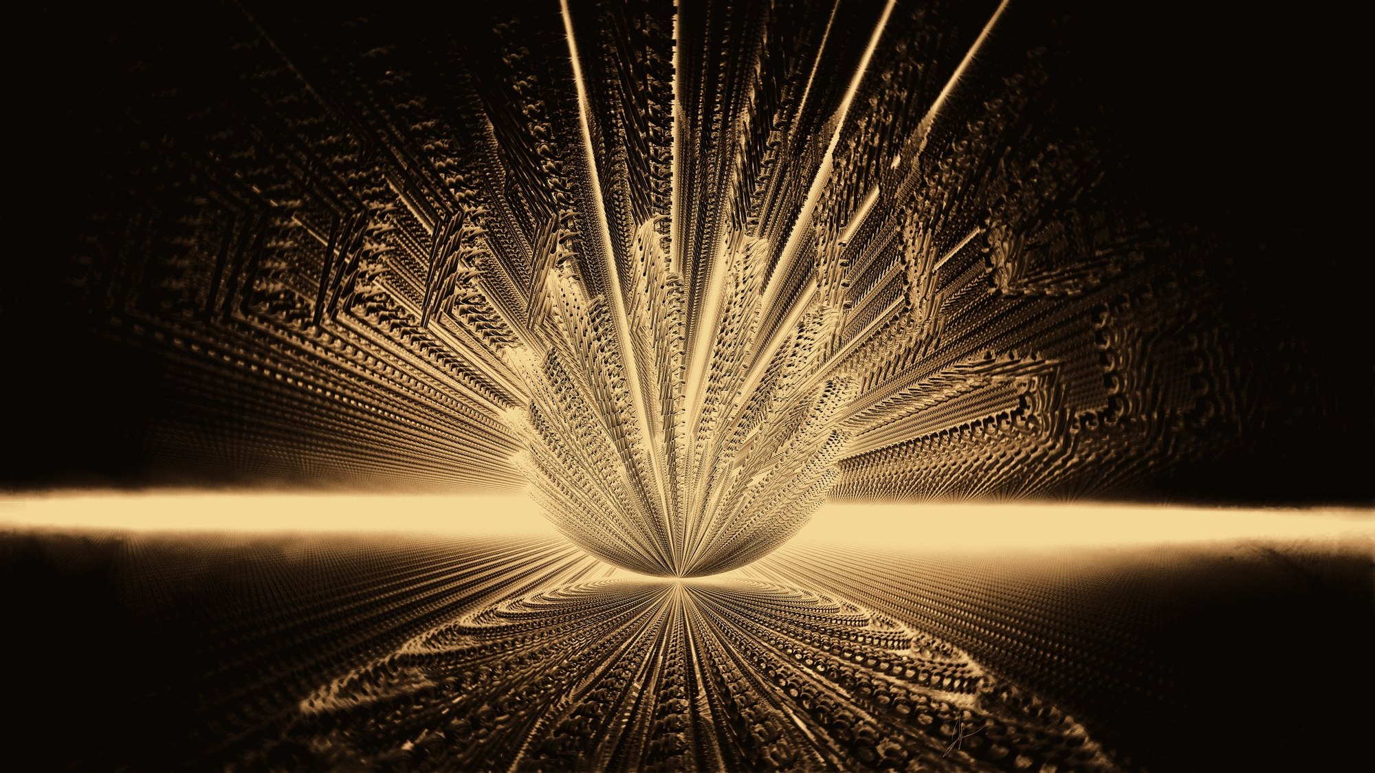A luminous generative ink bloom in gold, radiating from a bright core against black.