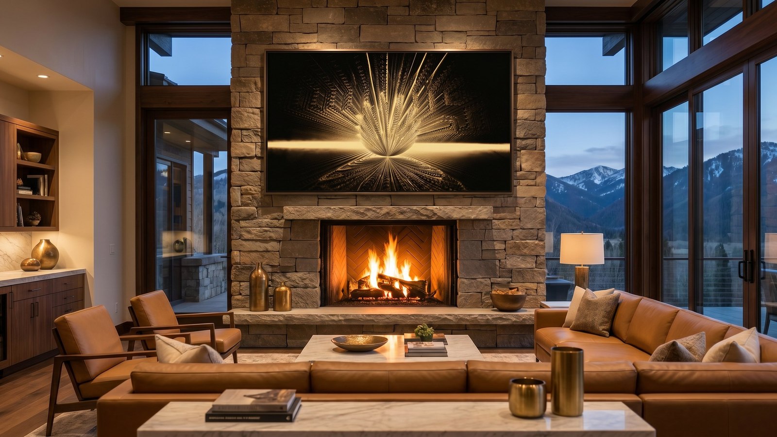 A bronze bloom work hung above a fireplace in a mountain living room.