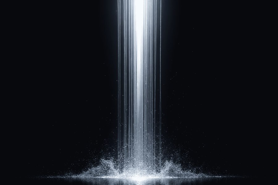 Cathedral — a vertical column of light falling into mist.